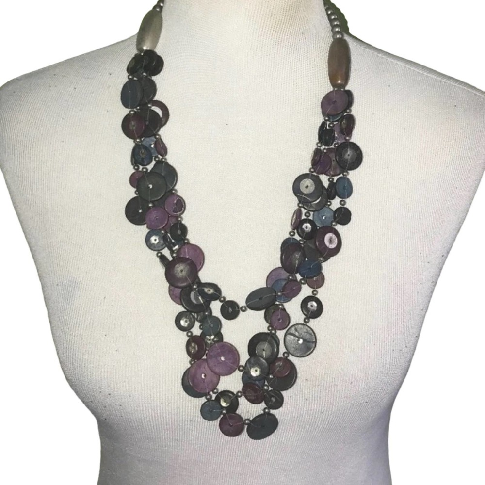 LONG PURPLE GRAY BLUE BUTTON MULTI STRAND STATEMENT NECKLACE